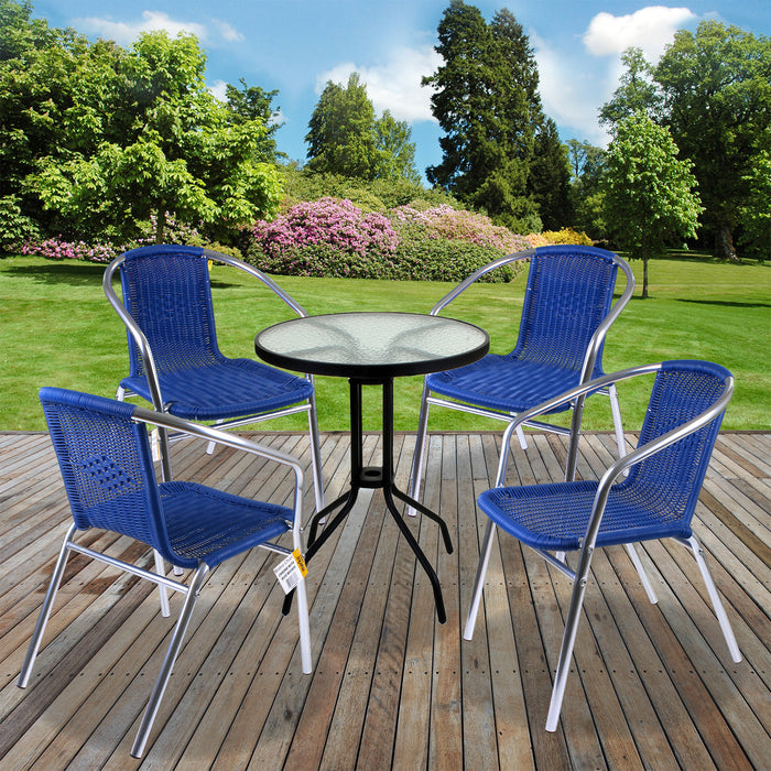 Chrome/Blue Wicker Bistro Sets - Black Glass Table