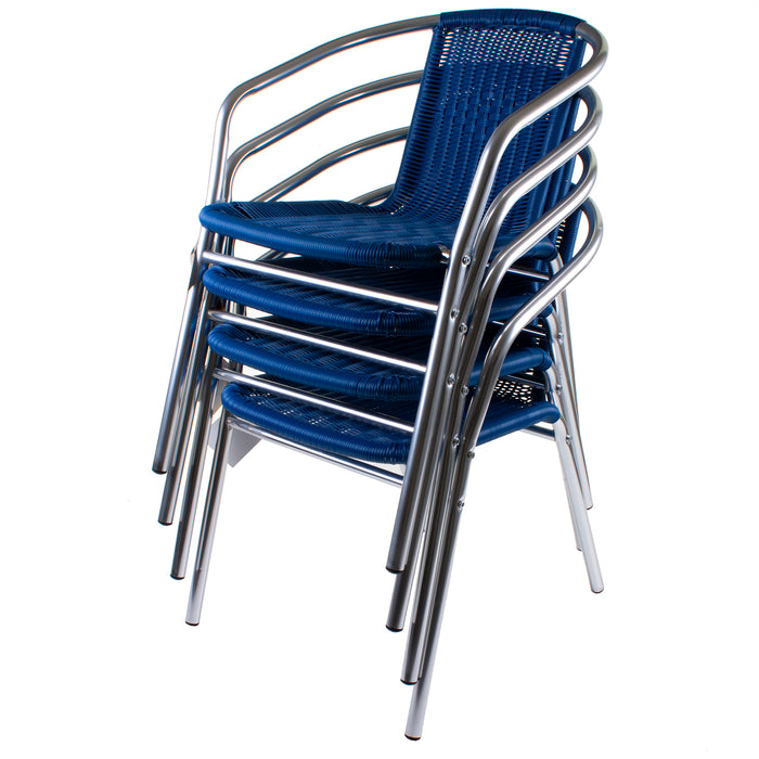 Chrome/Blue Wicker Bistro Sets - Black Glass Table