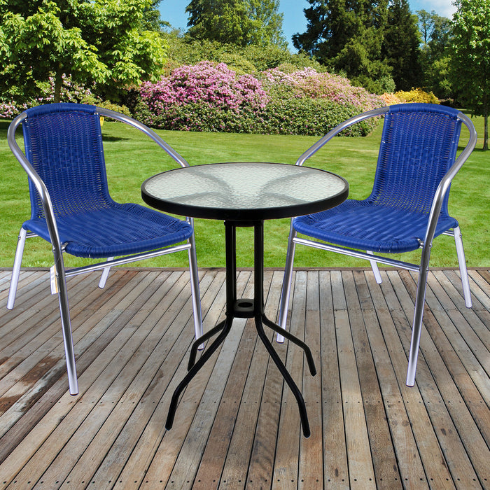 Chrome/Blue Wicker Bistro Sets - Black Glass Table