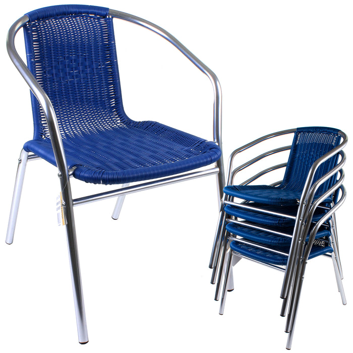 Chrome/Blue Wicker Bistro Sets - Black Glass Table